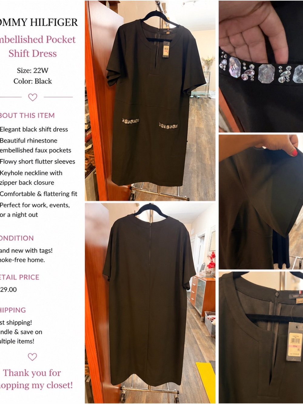 Tommy Hilfiger Black Shift Dress with Rhinestone Pocket Detail